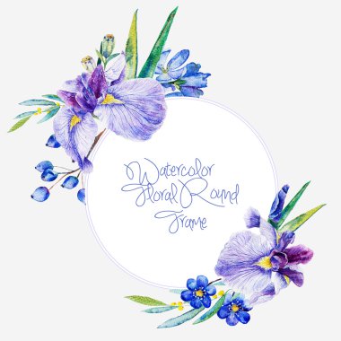 Mavi süsen ve diğer çiçek suluboya yuvarlak çerçeve.