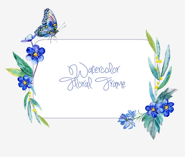 Suluboya çerçeve mavi çiçek ve kelebek. 