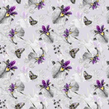 seamless modeli. suluboya Iris, yapraklar, kelebek.