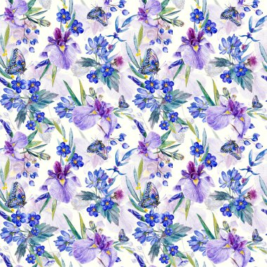 Seamless pattern. Watercolor iris, leaves, butterfly. clipart