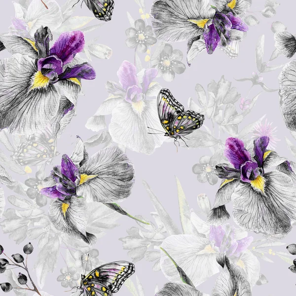 Nahtloses Muster. Aquarell Iris, Blätter, Schmetterling. — Stockfoto
