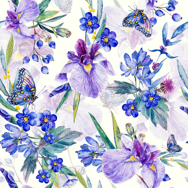 Seamless pattern. Watercolor iris, leaves, butterfly.