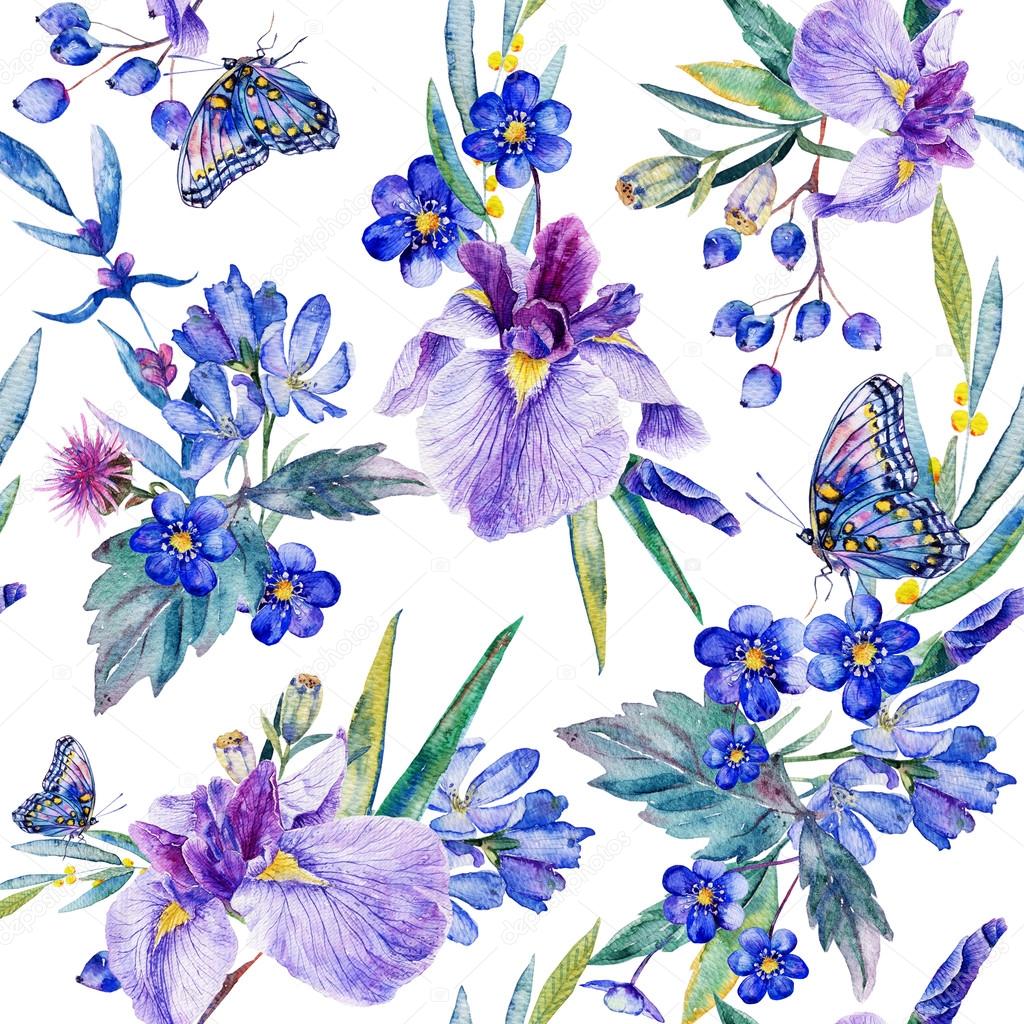 Seamless pattern. Watercolor iris, leaves, butterfly.