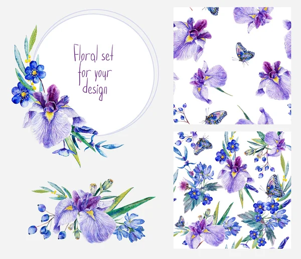 Aquarell florale Set-Vorlagen mit Schwertlilien für Ihr Design. — Stockfoto