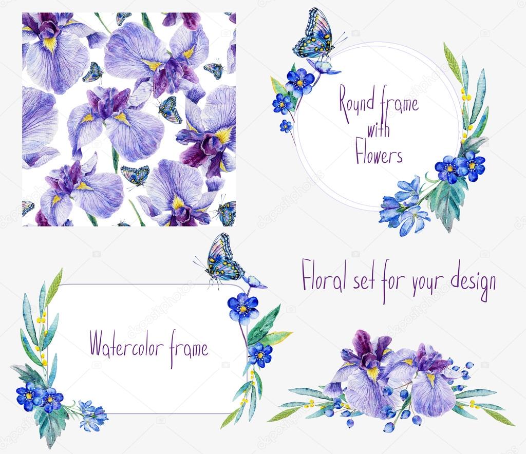 Watercolor floral set templates with irises for your design.  
