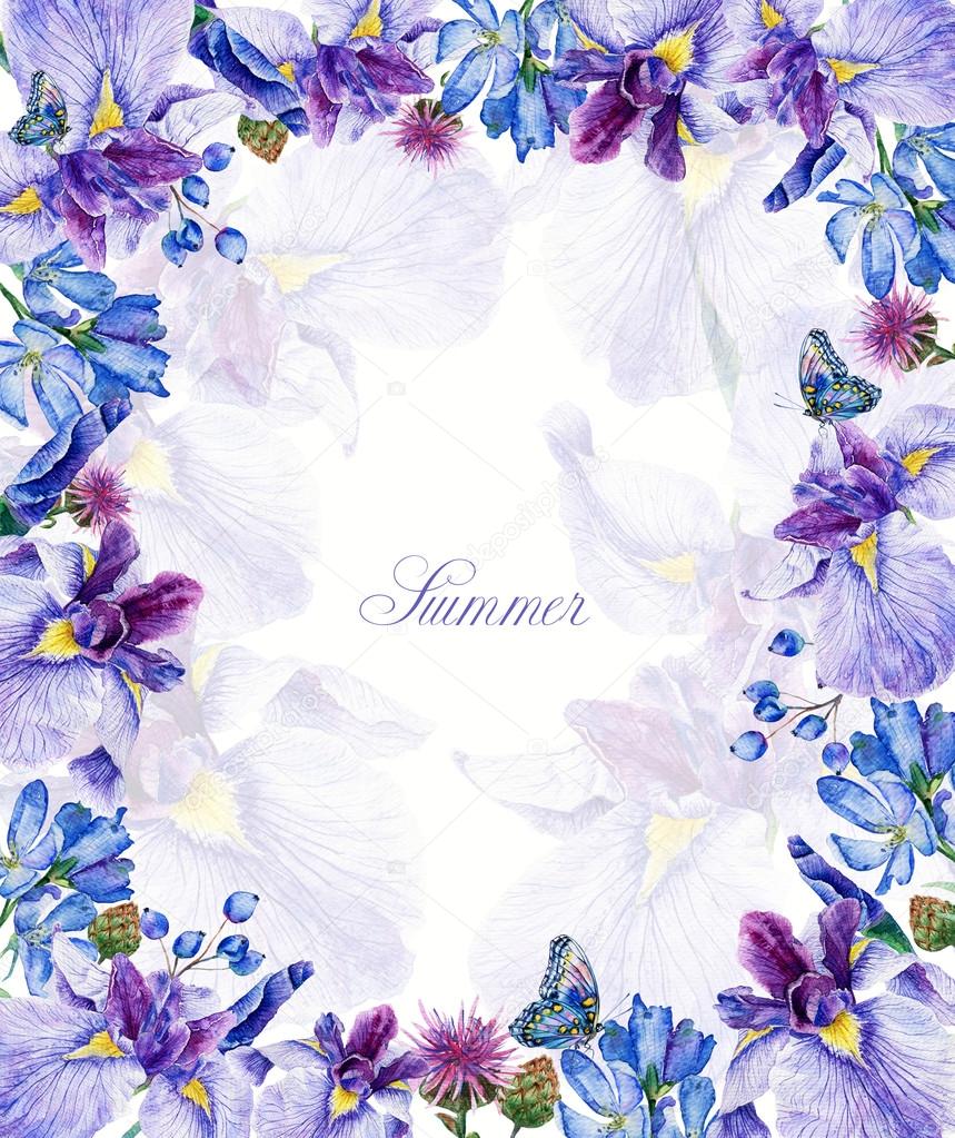 Frame of watercolor blue irises, butterflies, cornflowers, blueb