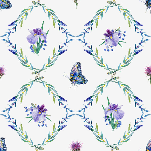 Vector seamless pattern. Watercolor iris, leaves, butterfly.