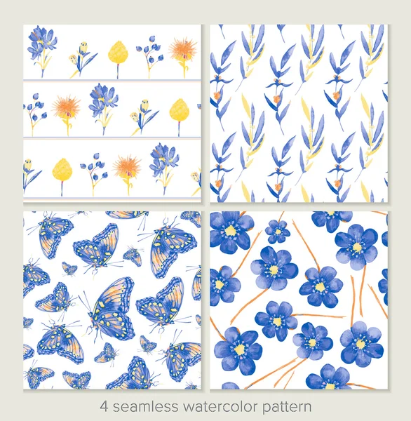 Set of vector seamless patterns. Watercolor iris, leaves, butter — Stockvector