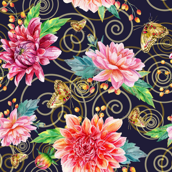 Vector seamless pattern with red dahlia.