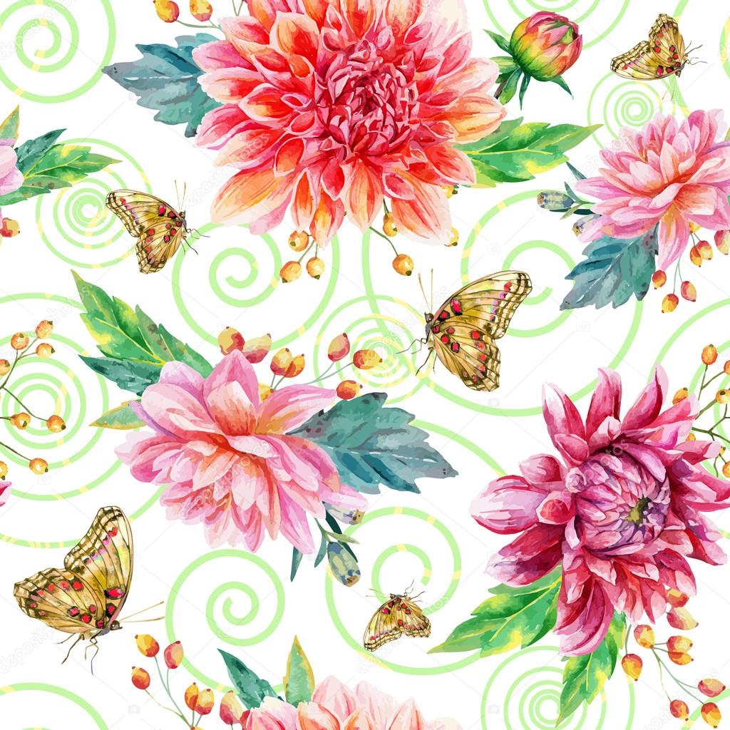 Vector seamless pattern with red dahlia.