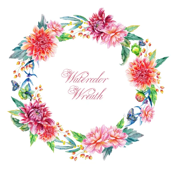 Kırmızı dahlias ile suluboya çelenk. 