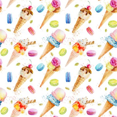 Dondurma ve macaroons ile sulu boya Dikişsiz desen.