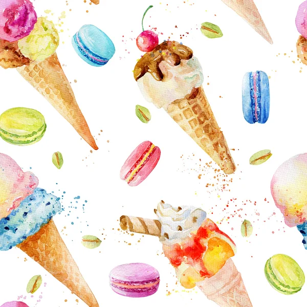 Dondurma ve macaroons ile sulu boya Dikişsiz desen.