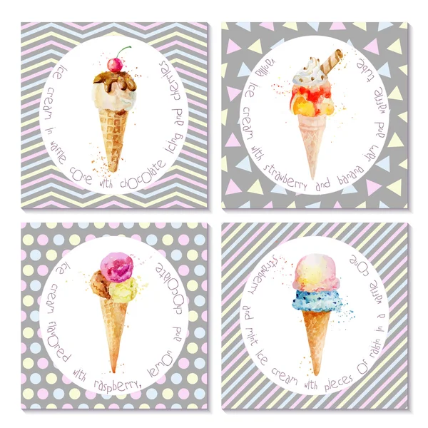 Set of postcards with ice cream in cones. — Stock Vector