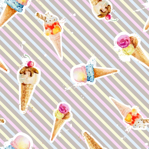 Seamless pattern with ice cream cones on background with colorfu — Stock Vector