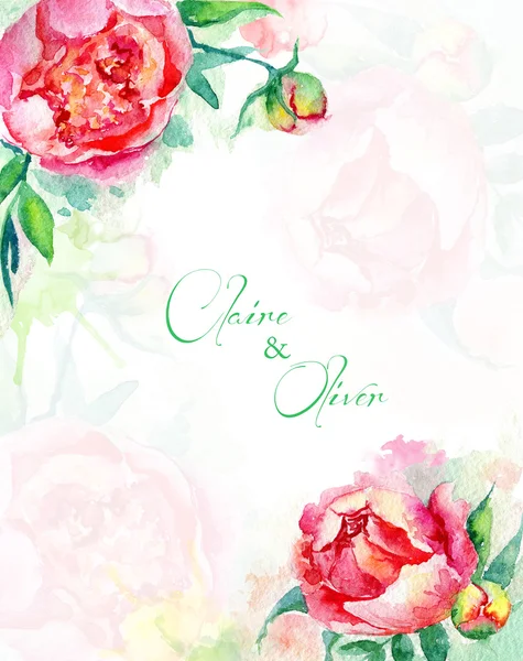 招待状。ピンクと赤の水彩牡丹。ヴィンテージの花 — ストック写真