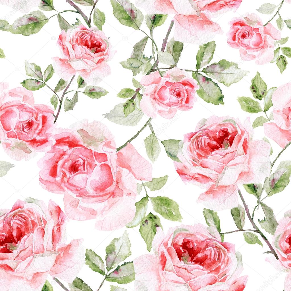 Seamless pattern of watercolor pink roses. 
