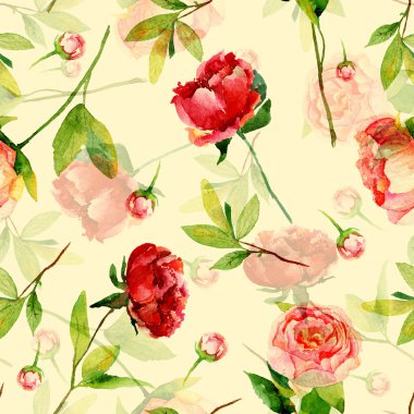 Kırmızı, pembe peonies, yaprakları ile Seamless Modeli.