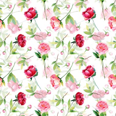 Kırmızı, pembe peonies, yaprakları ile Seamless Modeli.