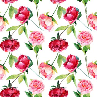 Kırmızı, pembe peonies, yaprakları ile Seamless Modeli.