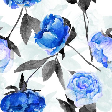 Mavi peonies, yaprakları ile Seamless Modeli. 
