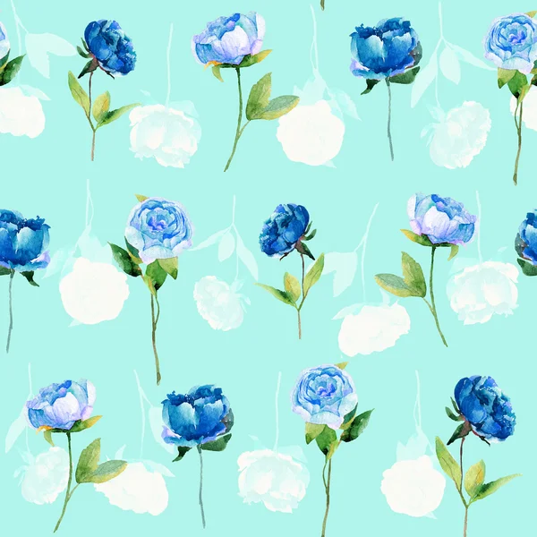Nahtloses Muster mit blauen Pfingstrosen, Blättern. — Stockfoto