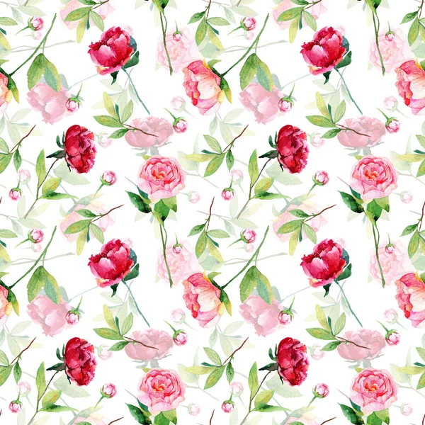 Seamless pattern with red, pink peonies, leaves. — Stock Photo, Image