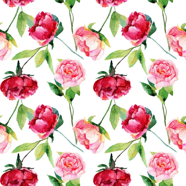 Nahtloses Muster mit roten, rosa Pfingstrosen, Blättern. — Stockfoto