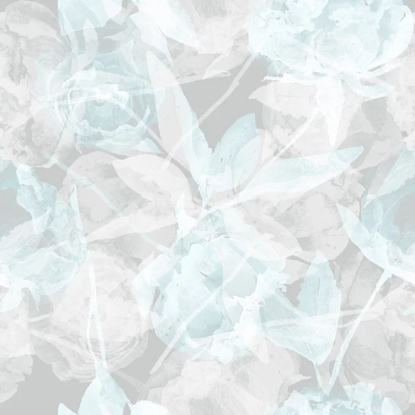 Nahtloses Muster mit abstrakten transparenten Pfingstrosen, Blättern. — Stockfoto