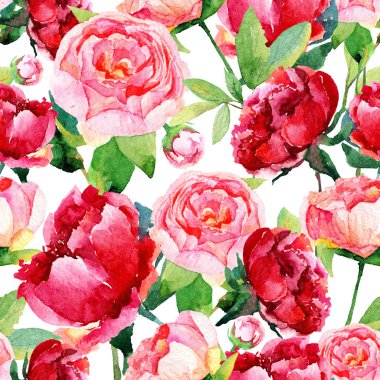 Kırmızı, pembe peonies, yaprakları ile Seamless Modeli.