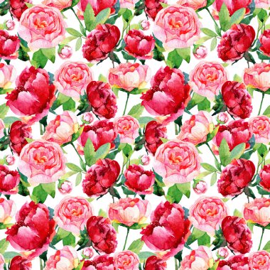 Kırmızı, pembe peonies, yaprakları ile Seamless Modeli.