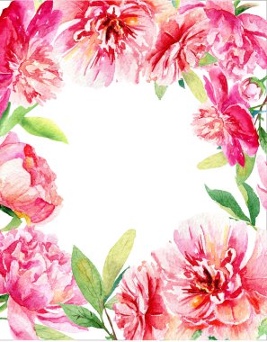 Davetiye. Pembe ve kırmızı sulu boya peonies.