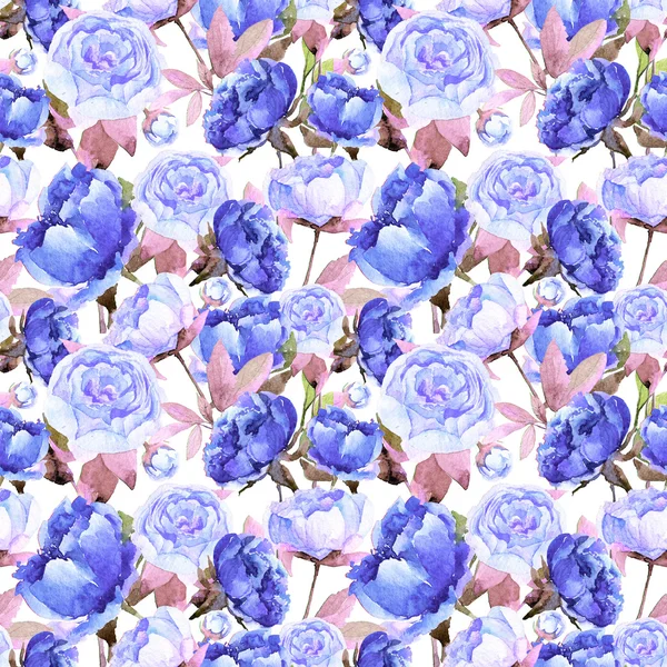 Seamless pattern with blue peonies, leaves. — Stock Photo, Image
