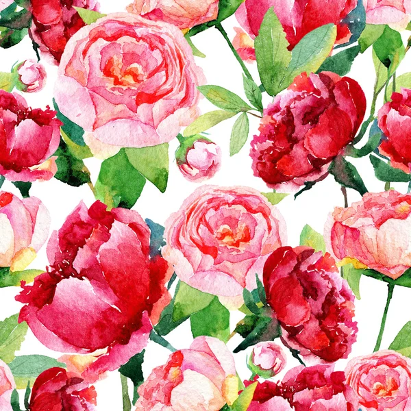 Nahtloses Muster mit roten, rosa Pfingstrosen, Blättern. — Stockfoto