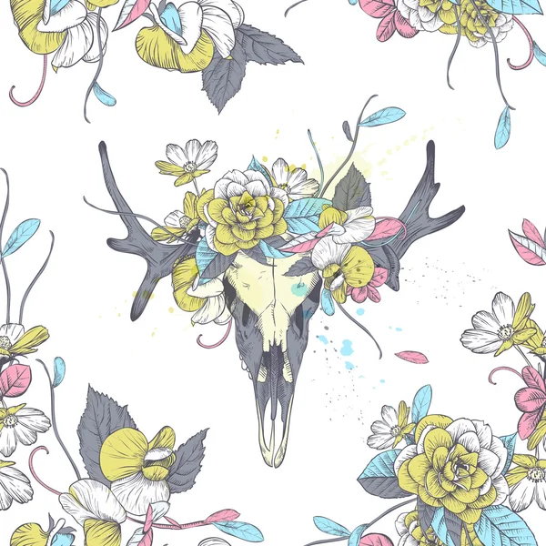 Motif sans couture. Crâne de cerf dans les fleurs . — Image vectorielle