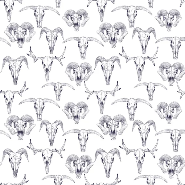 Seamless pattern with skulls of deer, bull, goat and sheep. — Stock Vector