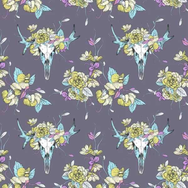 Seamless pattern.Skull of deer in flowers. Stock Illustration