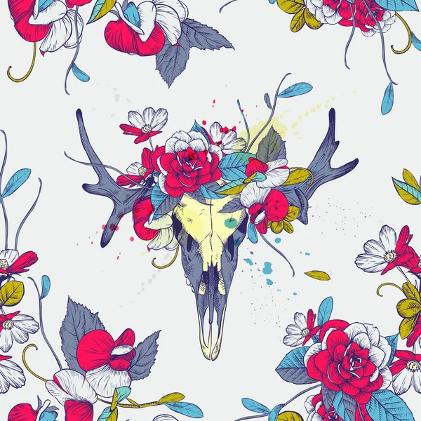 Seamless pattern.Skull of deer in flowers. Vector Graphics