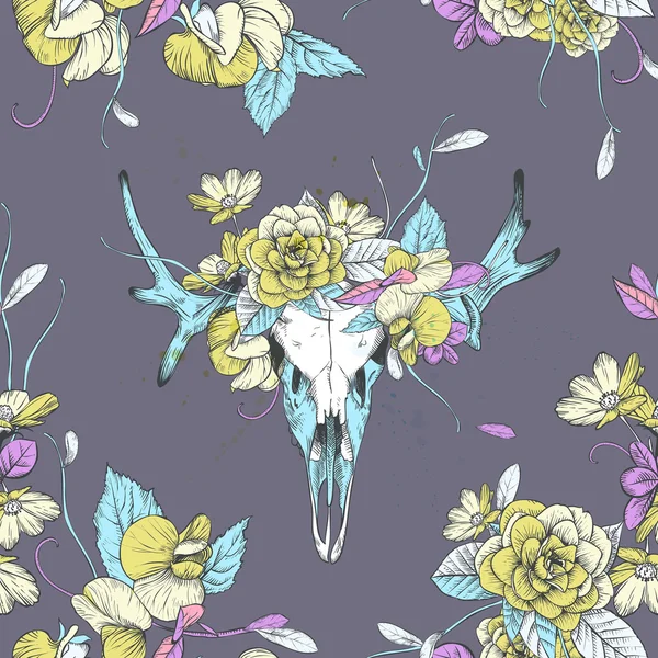Seamless pattern.Skull of deer in flowers. Stock Vector