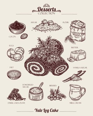Çikolatalı Noel pastası tarifi. Tatlı için gerekenler: kakao, şeker, tereyağı, un, yumurta, çikolata. Çizgi sanatı, eskiz tarzı. Vektör el çizimi resimleme