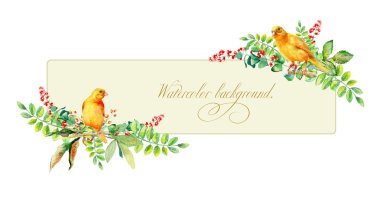 Suluboya sarı kuş ile banner ve bazı yaprakları, çilek.