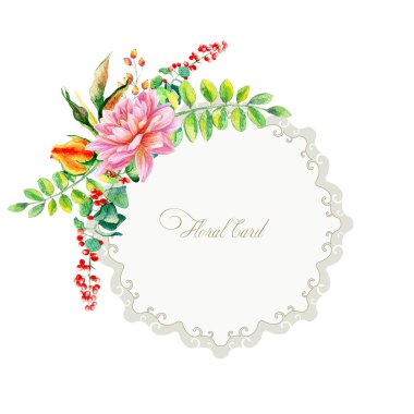Suluboya dahlia yuvarlak çerçeve ve bazı yaprakları, çilek. 