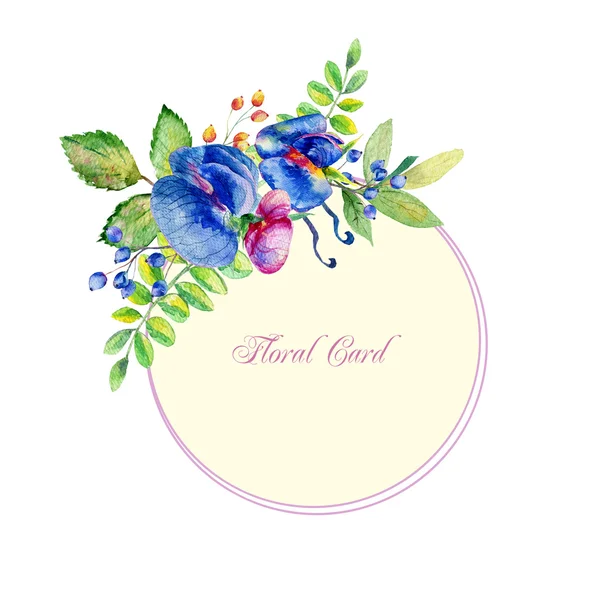 Round frame of watercolor blue, pink sweet peas and some leaves, — Stock Photo, Image