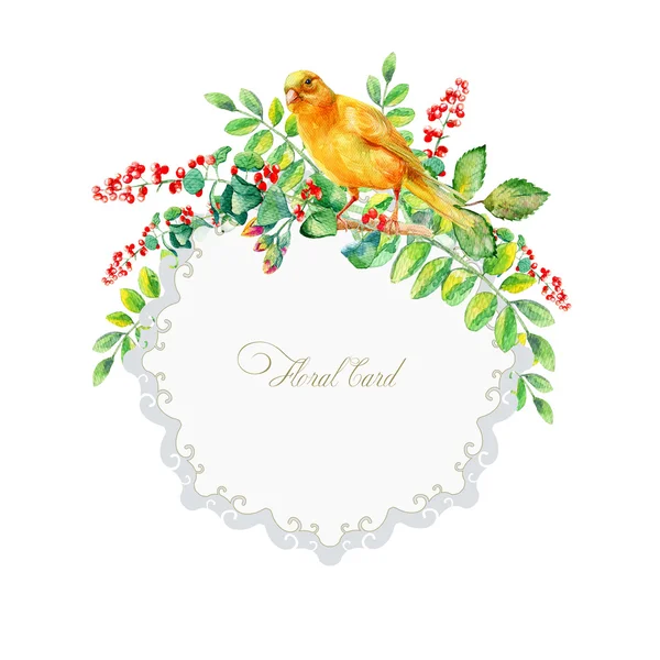 Rund ram av akvarell gul fågel och några blad, bär. — Stockfoto