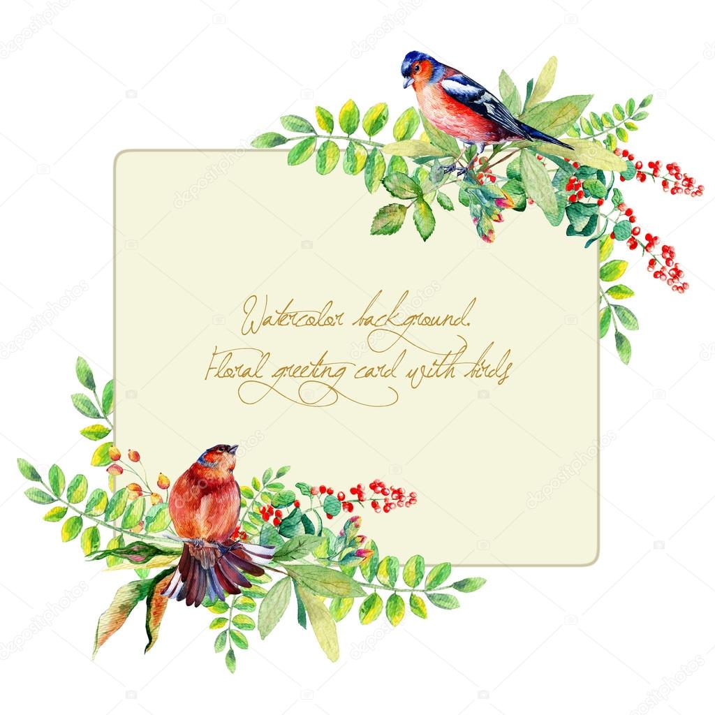 Frame of watercolor colorful bird and some leaves, berries. 