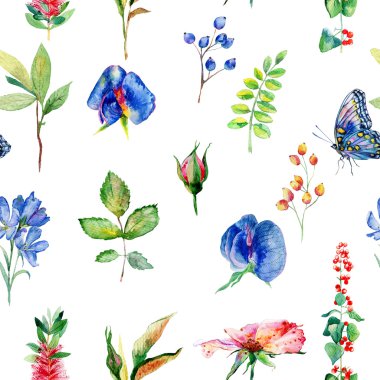 Seamless pattern with blue Sweet pea, Lathyrus odoratus, leaves. clipart
