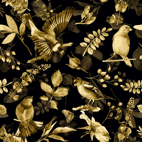 Nahtloses Muster mit Blüten, Blättern und Vögeln. — Stockfoto