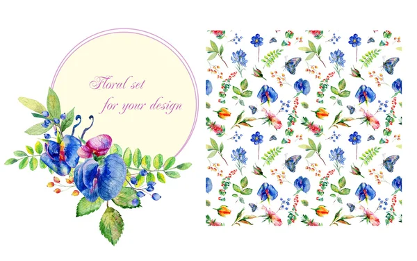 Set of watercolor seamless pattern and round frame with flowers. — Stock Photo, Image