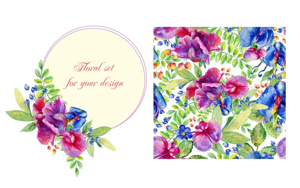 Uppsättning av akvarell seamless mönster och rund ram med blommor. — Stockfoto