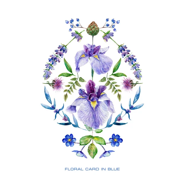 Συμμετρική κάρτα με μπλε νερομπογιά λουλούδια. — Φωτογραφία Αρχείου